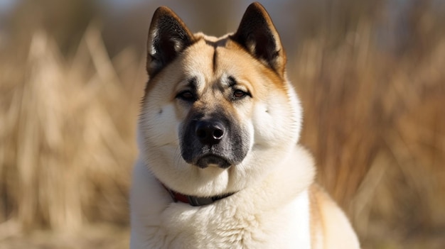 Un cane akita siede in un campo