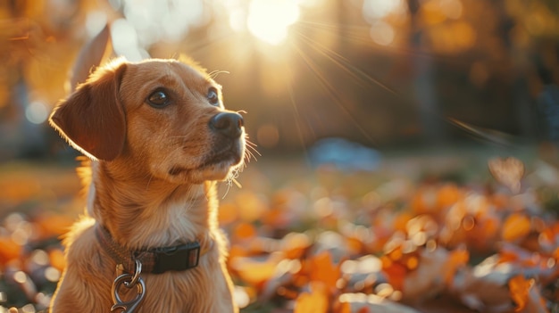 un cane al guinzaglio che guarda attentamente il suo proprietario la calda luce solare che filtra attraverso le foglie