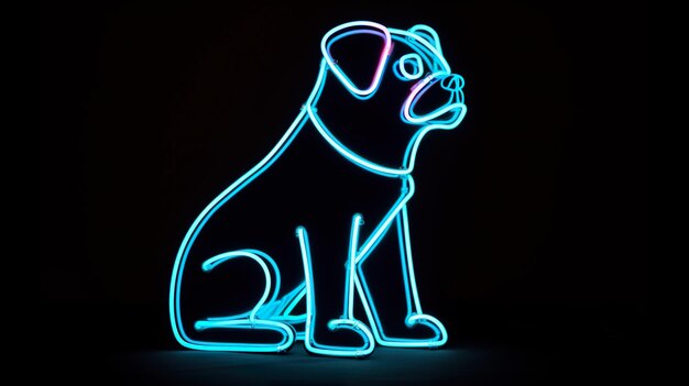 Un cane al neon siede davanti a uno sfondo nero.