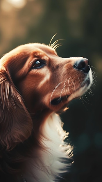 Un cane alzando lo sguardo con uno sfondo nero.