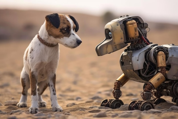 Un cane androide e un cane vivo Un futuro futuristico IA generativa