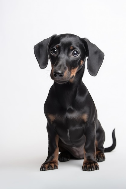 Un cane bassotto nero con una faccia nera si siede davanti a uno sfondo bianco.