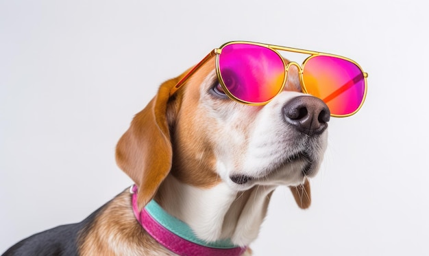 Un cane Beagle cyberpunk che indossa occhiali da sole su uno sfondo bianco