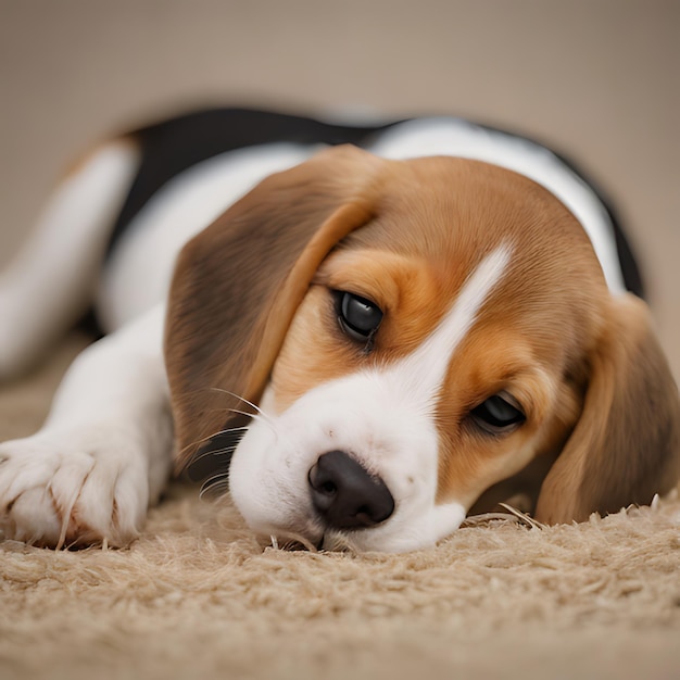 un cane beagle sdraiato su un tappeto con gli occhi aperti