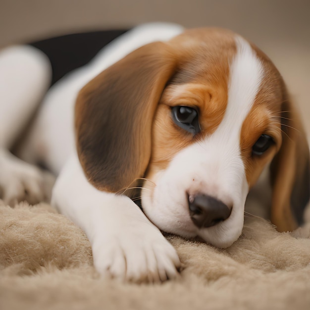 un cane beagle sdraiato su un tappeto con gli occhi chiusi