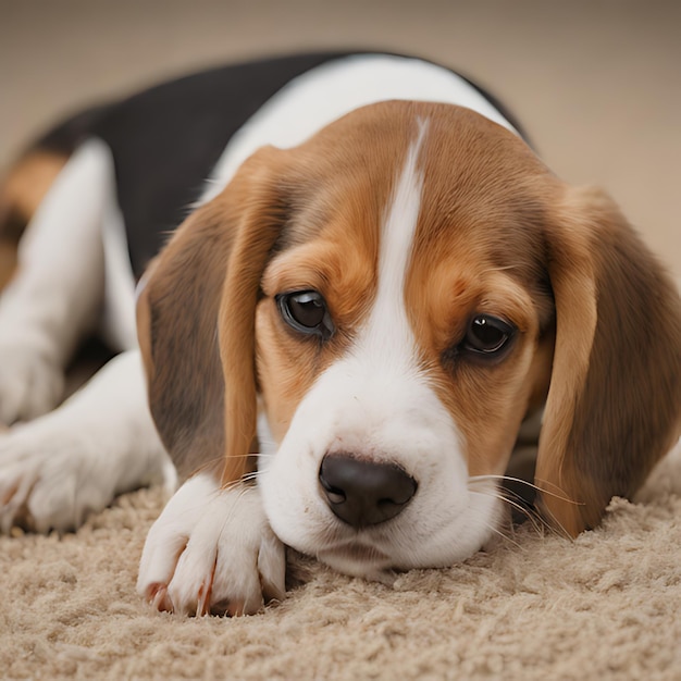 un cane beagle sdraiato su un tappeto con un collare nero