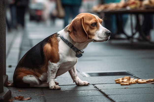 Un cane beagle si siede sul marciapiede davanti a uno stand gastronomico.