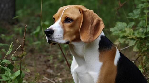 Un cane beagle siede nei boschi.