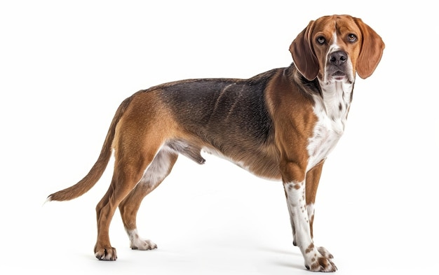 Un cane Beagliere sta attento la sua postura equilibrata e l'espressione di allerta evidenziata contro la semplicità di uno sfondo bianco