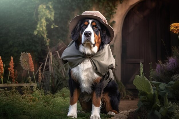 Un cane BERNESE SENNENHUND in abiti da giardiniere nel concetto di giardinaggio giardino ai generativo