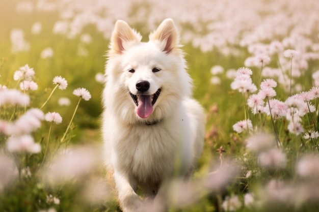 Un cane bianco attraversa un campo di fiori.
