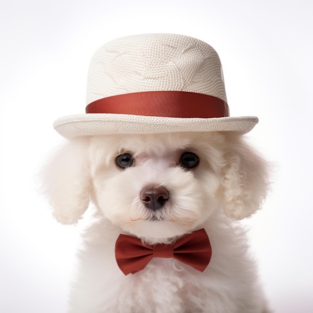 Un cane bianco che indossa un cappello e un papillon rosso.