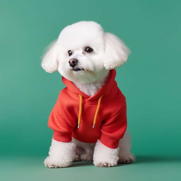 un cane bianco che indossa un maglione rosso con una cerniera gialla.