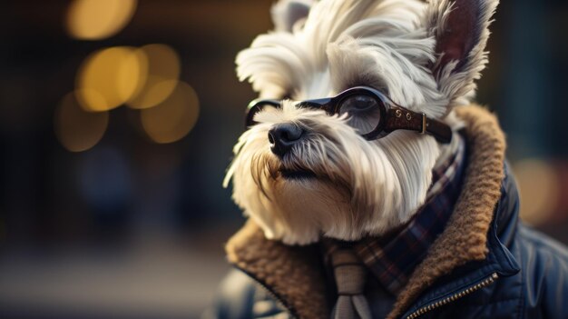 Un cane bianco con gli occhiali e una giacca.