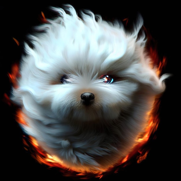 Un cane bianco con sopra un fuoco