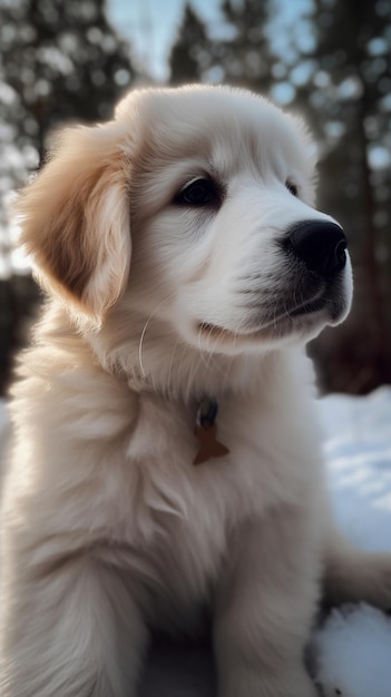 Un cane bianco con un cartellino sopra è seduto nella neve.