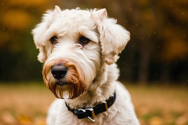 Un cane bianco con un collare nero siede in un parco.