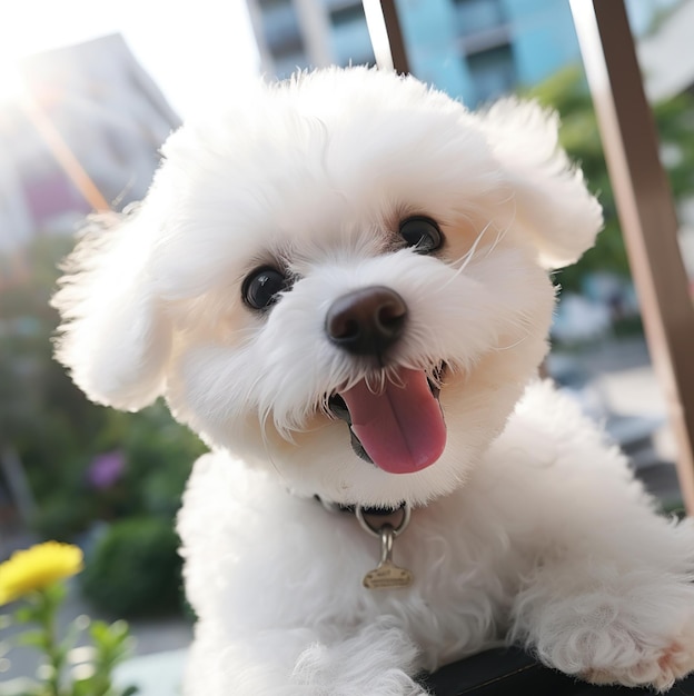 un cane bianco con un collare su cui è scritto "il nome cane".