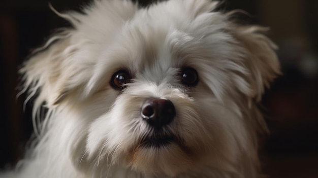 Un cane bianco con uno sfondo nero