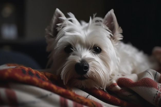 Un cane bianco del terrier bianco dell'altopiano occidentale riposa su un letto.