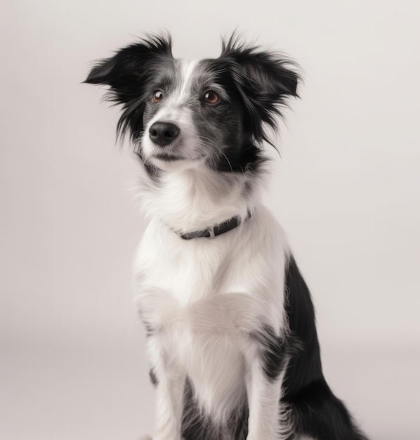 Un cane bianco e nero con collare nero e occhi rossi.