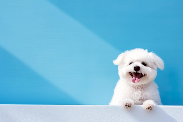 Un cane bianco seduto e sorridente su sfondo blu