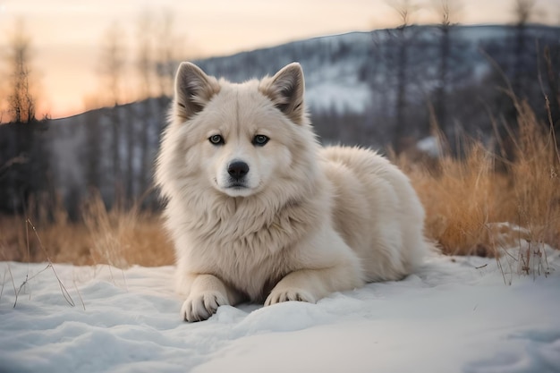 Un cane bianco sereno che si gode un tramonto in un paesaggio invernale innevato AI