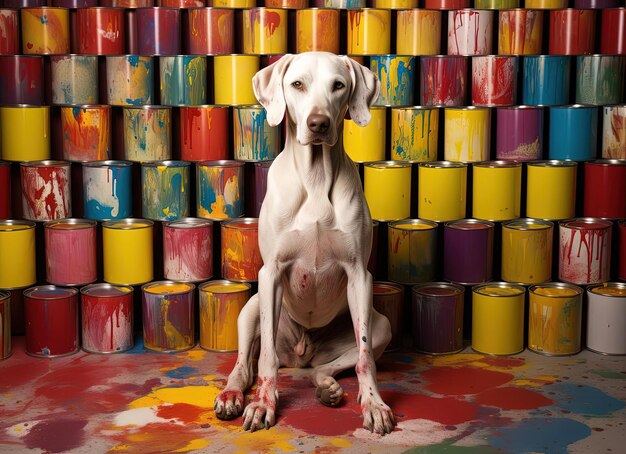 un cane bianco si siede di fronte a molte lattine di vernice colorate nello stile della stampa a emulsione liquida