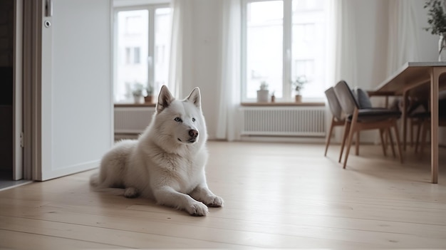 Un cane bianco siede su un pavimento di legno in una stanza bianca con una finestra dietro.