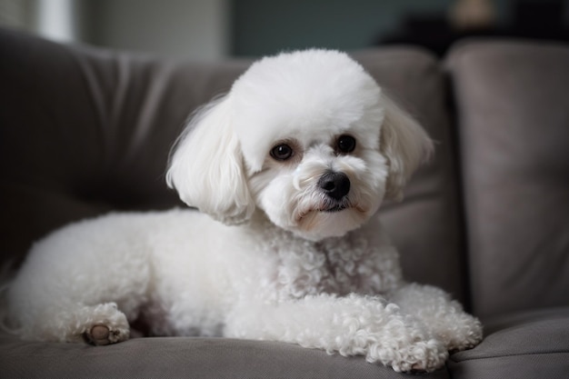 Un cane bichon frise è sdraiato su un divano.