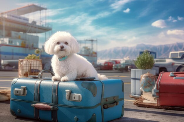 Un cane Bichon Frize si siede su una valigia nel porto sullo sfondo di una nave passeggeri