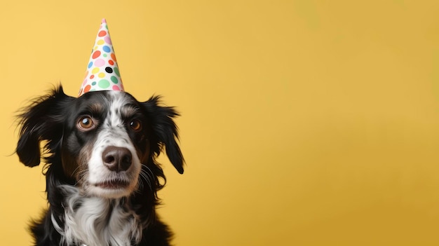 Un cane border collie che indossa un cappello da festa