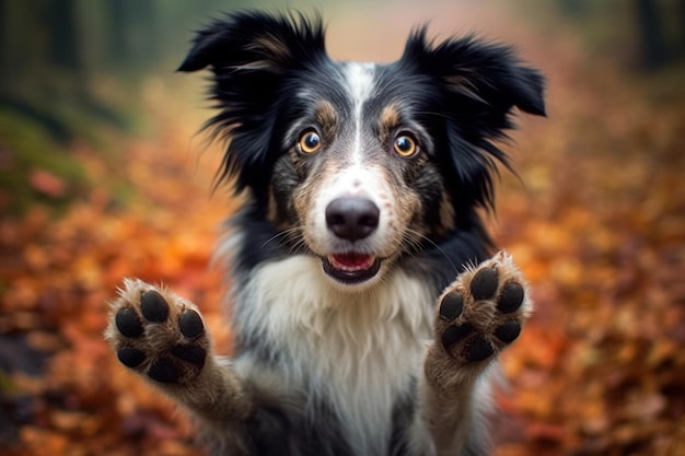 Un cane border collie nelle foglie autunnali