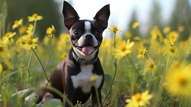 Un cane Boston terrier siede in un campo di fiori