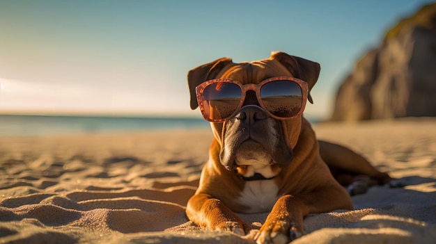 Un cane boxer che indossa occhiali da sole su una spiaggia