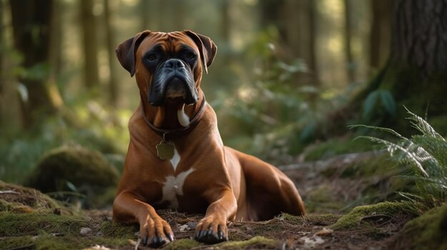 Un cane boxer sdraiato nei boschi