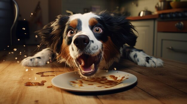 Un cane carino che mangiava cibo dalla tavola guarda un piatto vuoto con briciole di cibo AI generativa