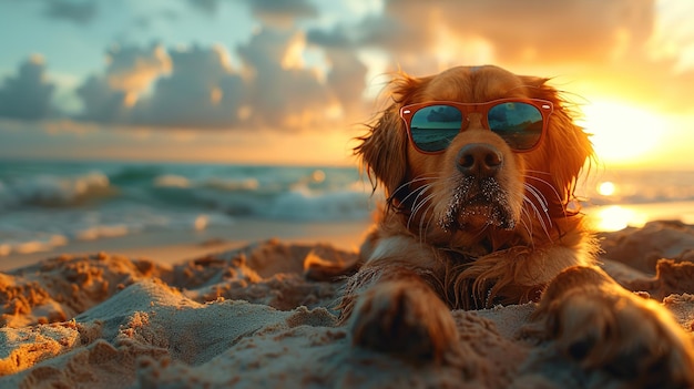 Un cane carino con gli occhiali da sole si riposa sulla spiaggia sullo sfondo del mare e del sole