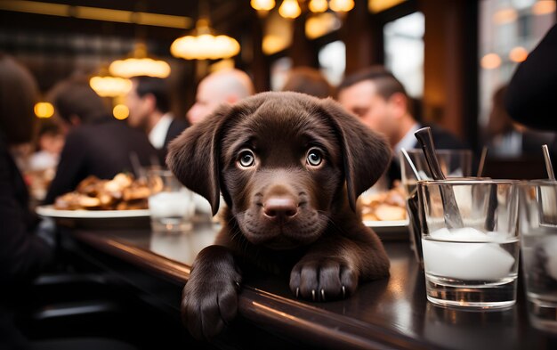 Un cane carino sbircia da sotto il tavolo.