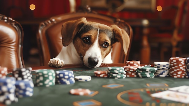 Un cane carino si siede a un tavolo da poker guardando la telecamera con un'espressione curiosa Ci sono chip e carte da poker sul tavolo