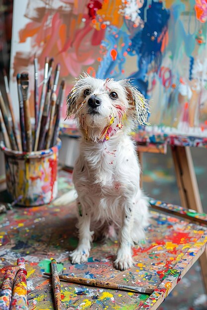 Un cane carino un artista macchiato di vernici colorate seduto vicino al cavalletto e ai pennelli in un laboratorio d'arte