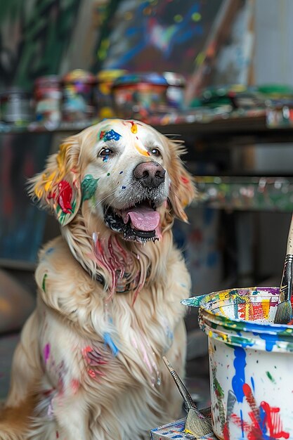 Un cane carino un artista macchiato di vernici colorate seduto vicino al cavalletto e ai pennelli in un laboratorio d'arte