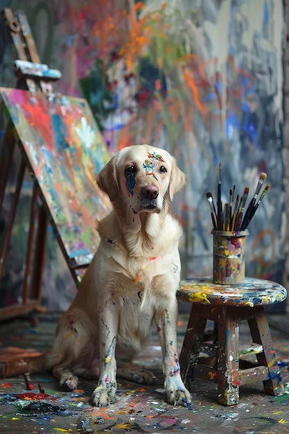 Un cane carino un artista macchiato di vernici colorate seduto vicino al cavalletto e ai pennelli in un laboratorio d'arte