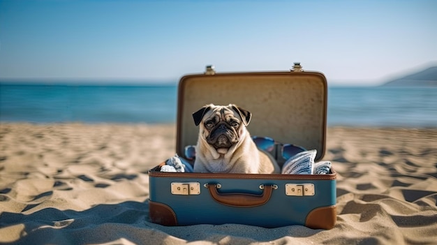 Un cane carlino si trova in una valigia aperta sulla spiaggia.