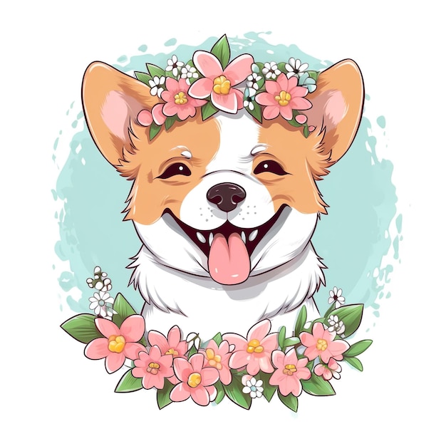 Un cane cartone animato che indossa una corona di fiori Ai ha generato un'illustrazione floreale