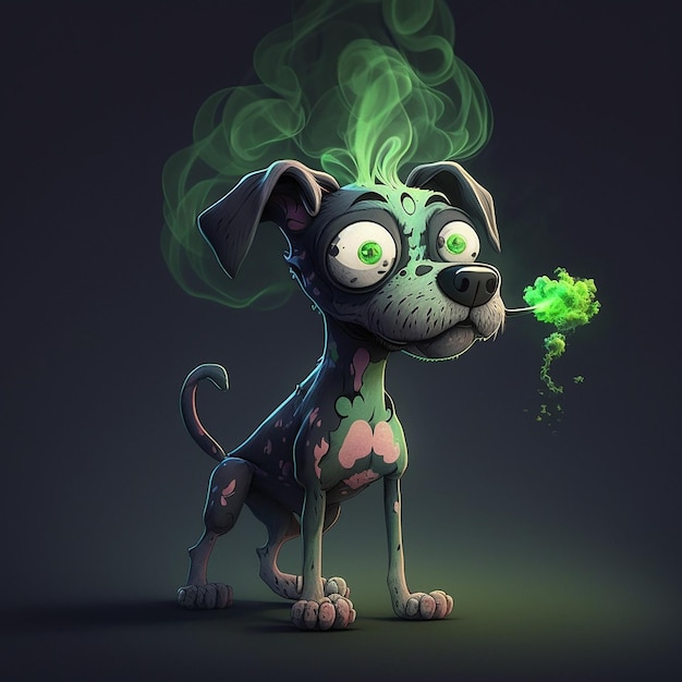 Un cane cartone animato con gli occhi verdi e il fumo che gli esce dalla bocca.