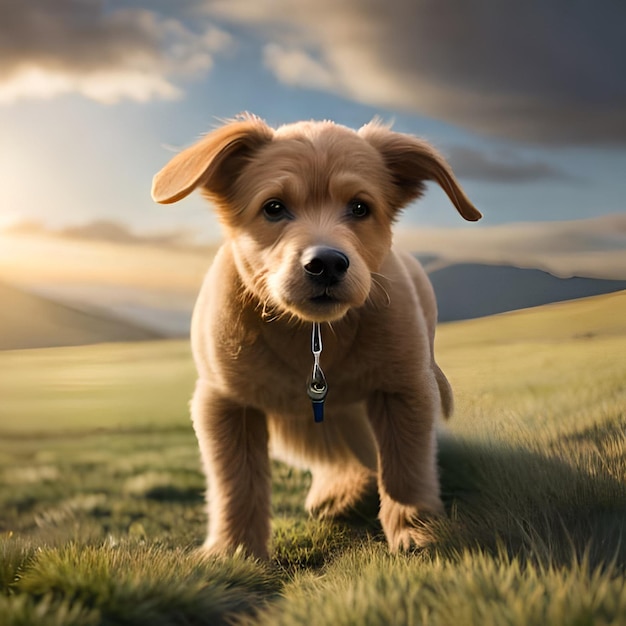 Un cane che cammina in un campo con il cielo alle spalle