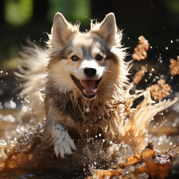 un cane che corre attraverso l'acqua