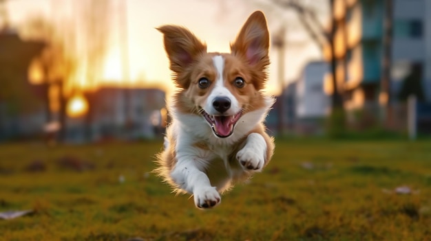 Un cane che corre attraverso un campo con il sole dietro di lui