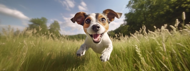 Un cane che corre attraverso un campo di erba